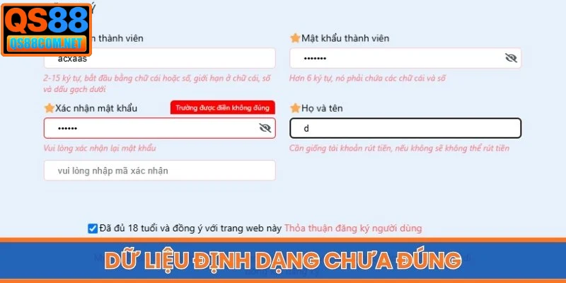Dữ liệu định dạng chưa đúng